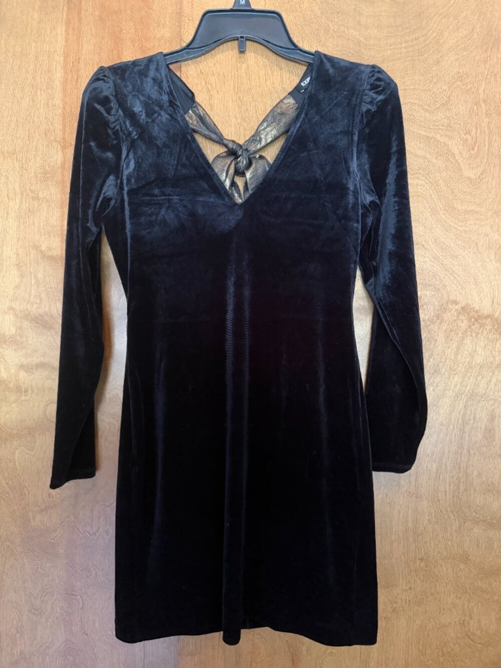 Express Black Velvet Mini Dress Metallic Bow Open Back Long Sleeve S